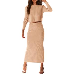 PRETTYGARDEN Women's Spring Fall 2 Piece Sweater Set Rib Knit Long Sleeve Crop Top Maxi Bodycon Skirt Casual Winter Outfits (Beige), Small