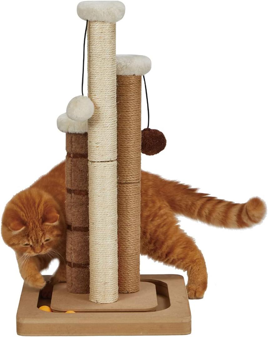 Cat Scratching Post Premium Natural Sisal Jute Carpet 3 Scratch Posts with Interactive Track Ball Base and Hanging Balls Toys Kitten Scratcher for Indoor Kittens and Small Cats