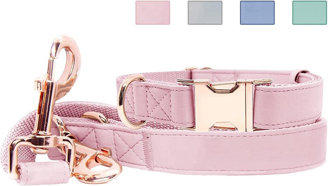 Soft Leather Dog Collar and Leash (6.6') Set - Stylish Rose Gold Heavy Duty Metal Buckle, 4 Adjustable Lengths Leash for Medium Dogs - Comfortable & Easy to Clean Pink M(13.8"-19.7")