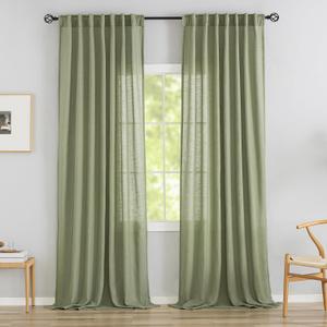 Sage/Light Green Linen Back Tab Curtains 96 Inches Long 2 Panels Set for Modern Farmhouse - Hooks Belt Pleated Easy Sliding Semi Privacy Thick Decorative Drapes Rod Pocket Light Filtering Curtains