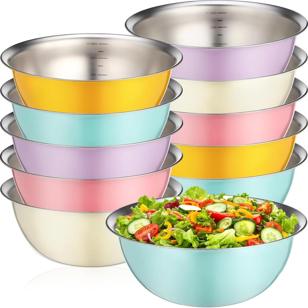 10 Pcs Stainless Steel Mixing Bowls 68 oz Metal Salad Bowls with Graduations Reusable Baking Food Containers Nesting Camping Bowl for Ice Cream, Salad, Soup, Baking, Sauces(2000ml)