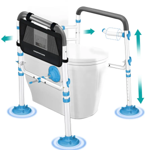 KingPavonini Toilet Safety Rail (350 LB) - Adjustable Foldable Toilet Safety Frame for Elderly and Disabled - Stand Alone Toilet Rails for Seniors with Storage Bag & Paper Holder - Fits Most Toilets