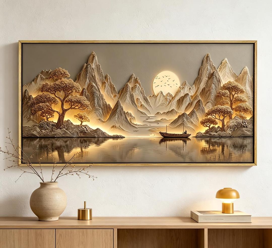 Framed 3D Texture Large Landscape Sunrises Sunset Canvas Wall Art Abstract Mountains Lake Tree Painting Picture Wall Decor Modern Nature Scenery Poster Print Artwork for Living Room Office, 40"L x 20"W