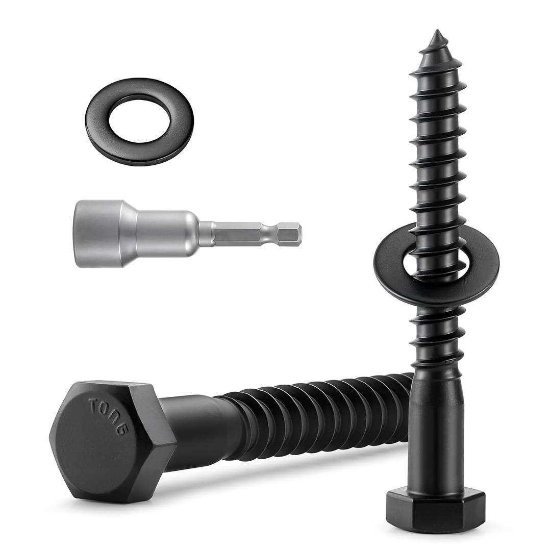 BNUOK 7 Sets 3/8" x 3" Hex Head Lag Screws Bolts with Flat Washers 304 Stainless Steel 18-8 Black Zinc Plated Heavy Duty Lag Screw for Wood