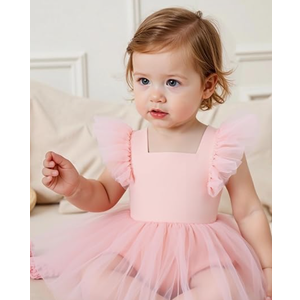 KARETT Baby Girl Romper Flutter Sleeve Back Bowknot Cotton Summer Dress with Diaper  (1-2T, Pink)