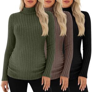 Xaatren 3 Pack Women's Maternity T-Shirts Turtleneck Long Sleeve Sweaters Side Ruched Slim Pregnancy Tee Ribbed Basic Tops (Medium, Army Green, Coffee, Black)