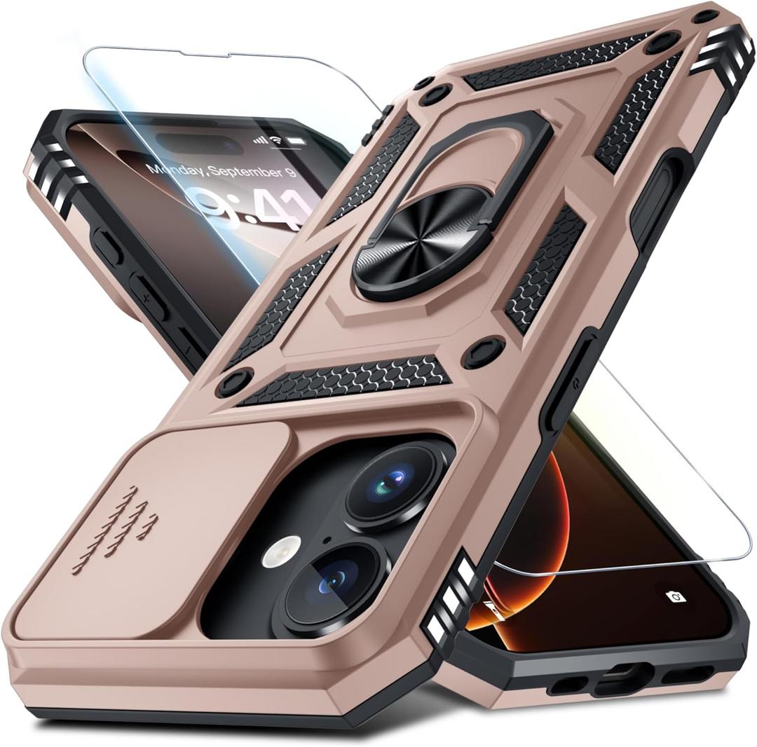 Janmitta Case for iPhone 15 Pro Max Phone Cover Built in Slide Camera Lens Cover+Screen Protector,Heavy Duty Shockproof Full Body PhoneCase with Finger Ring Holder Kickstand,Rose Gold