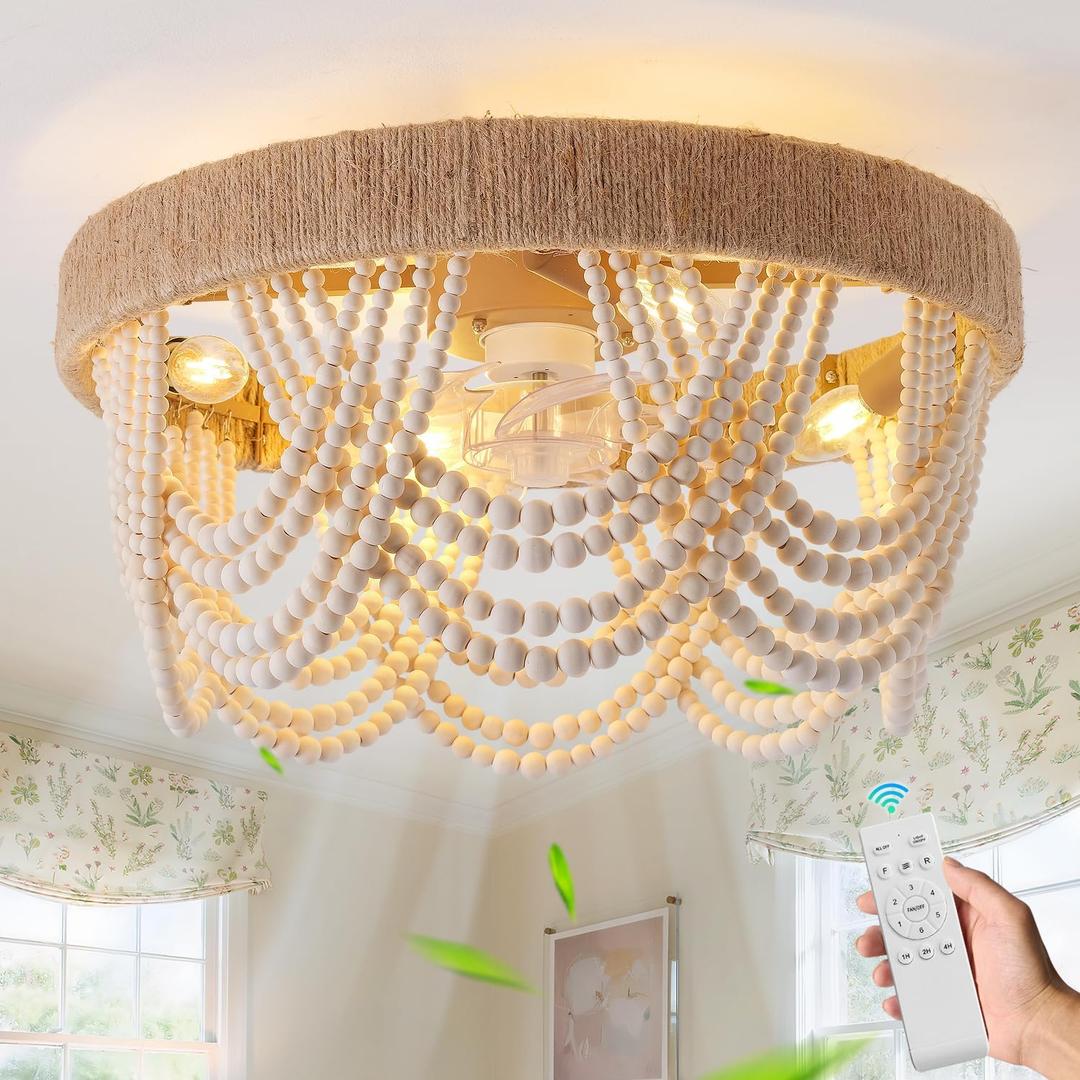 20" Boho Ceiling Fan with Light, Coastal Flush Mount Fandelier Ceiling Fans with Lights and Remote Control,Enclosed Beaded Caged with 6 Speeds for Bedroom Nursery Living Room