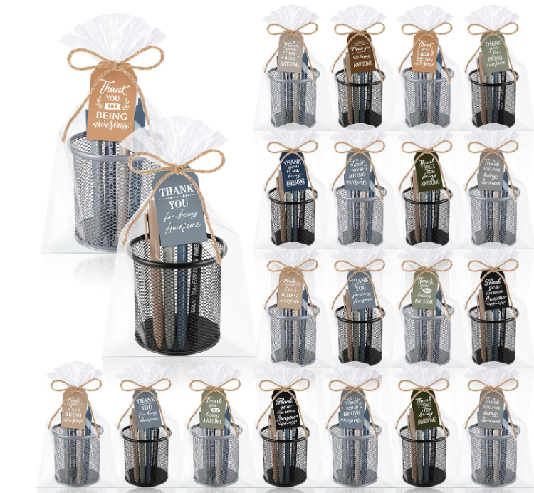 Pasimy 24 Sets Thank You Gifts Bulk Employee Appreciation Gifts with 96 Inspirational Ballpoint Pens 24 Pencil Holders with Thank You for Being Awesome Tags for Teacher Office Supplies(Colorful)