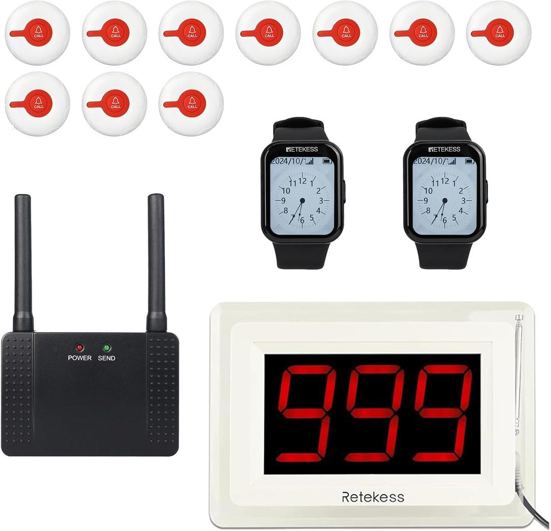 Retekess T114 Nurse Call System, Medical Alert Systems for Seniors, Multiple Reminder Methods, Max 999, 2 TD113 Watch Receivers, 10 Alert Call Buttons for Clinic, Hospital, Nurses Station