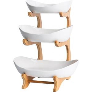 3 Tier Fruit Bowl With Bamboo Stand for Kitchen Counter,Ceramic Fruit Basket Large Capacity for Fruit Vegetable Storage,Snack Dessert Cake Tray Plate Rack for Party Wedding (White)