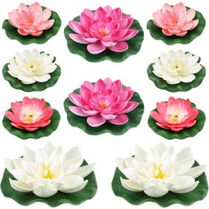 10PCS 3 Sizes Artificial Foam Lotus Floating Flowers with Water Lily Pad Ornaments for Home Garden Pond Decor Pools Water Decorations, Pink and White