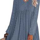 KIRUNDO Womens Dresses 2024 Spring Summer Long Sleeve Mini Dress V Neck Flowy Casual Swiss Dot Loose Babydoll Dress (Large, Grey Blue)