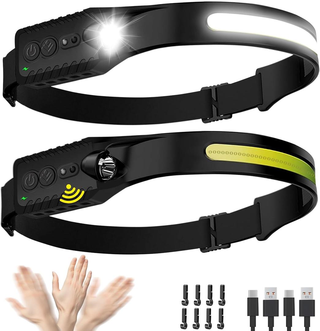 Headlamp Rechargeable (2-Pack), LED Head Lamp Flashlight, 230 Wide Beam Headband Light, 400 Lumen Super Bright, Waterproof Headlight, 5 Modes for Running, Fishing, Hiking, Camping (Black)
