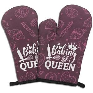 GOSJINNK 2 Pcs Funny Oven Mitts Baking Queen Heat Resistant Mitts for Kitchen Decor Trendy Silicone Non-Slip Baking Mitts with Hanging Loop Sweet Housewarming Gifts for Hostess Mom Baking Lover Chef