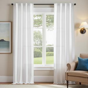 jinchan White Curtains for Living Room Bedroom Linen Textured Curtains 96 Inches Long Farmhouse Casual Weave Back Tab Drapes Light Filtering Window Draps 2 Panels
