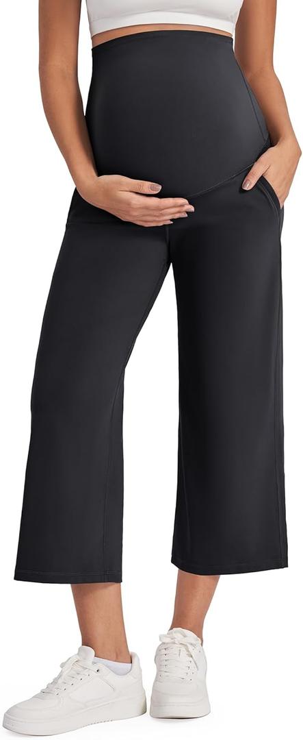 G4Free EverGoing Maternity Yoga Capris Over The Belly Stretch Wide Leg Pregnancy Cropped Pants with Pockets 19‘’/21''/23'', Small
