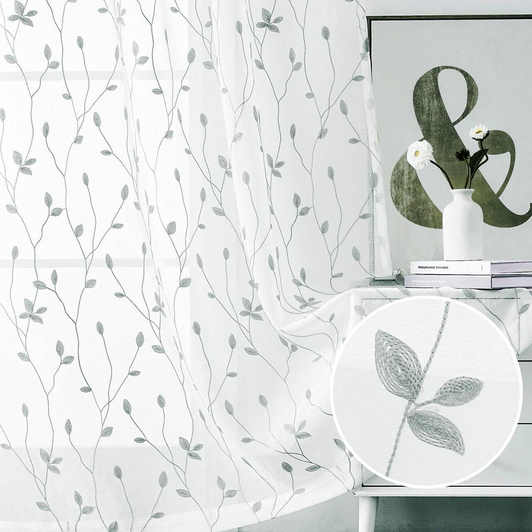 WUBODTI Grey Embroidered Leaf Patterned Sheer Curtain 84 Inches Long 2 Panels Set for Living Room, Rod Pocket Gray and White Light Filtering Faux Linen Leaves Curtains for Bedroom Dining Room