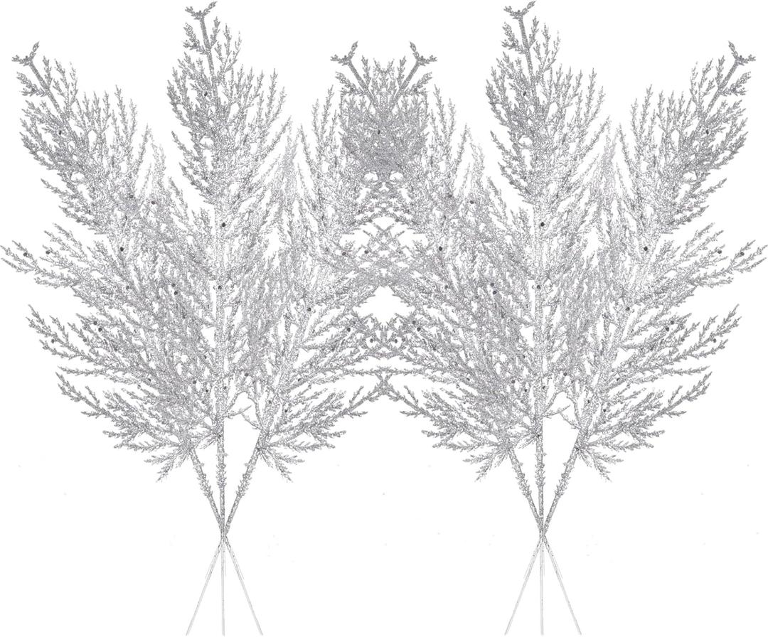 Christmas Glitter Stems 24pcs Artificial Pine Tree Picks for Christmas Tree Ornaments fillers, DIY Xmas Wreath, Crafts, Garland, Holiday, Party, Wedding and Home Decoration (Silver)