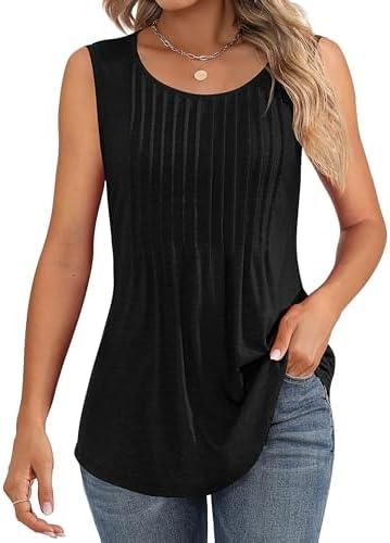 Ficerd Women's Tank Tops Sleeveless Tunic Pleated Crew Neck Blouses Summer Dressy Casual Loose Spring T Shirts Small