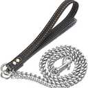 Strong Gold/Silver Dog Chain Leash 3FT 4FT 5FT Stainless Steel 12mm Curb Cuban Link Dog Leash Training Walking with Comfortable Genuine Leather Handle for Large, Medium Small Dogs (Silver, 4FT)