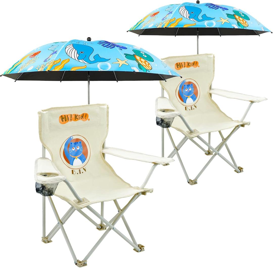 2 Pack Kids Camping Chair - Kids Beach Chair with Umbrella - Foldable Storage Cup Holder Durable, wear-Resistant, Non-Slip, Lightweight Design for Beach, Patio, Outdoors, Lawn (Blue+Blue)
