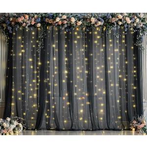 10ft x 10ft Black Tulle Photo Backdrop Curtain with Lights String for Parties Sheer Black Curtain Backdrop for Birthday Party Baby Shower Wedding Photo Booth Photography Background Decorations