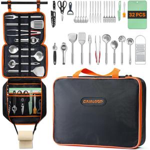 Camping Cooking Utensils Set Grilling Cookware Camp Kitchen Rotating Marshmallow Roasting Sticks BBQ Forks, Portable RV Camping Essentials Camper Must Haves for Cookouts Open Fire Pit