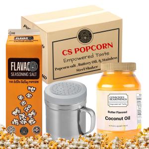 Ultimate Popcorn Seasoning Kit Popcorn Seasoning Salt 35oz, Buttery Coconut Oil 32oz & Stainless Steel Shaker 10oz Best By: 03/26/2025