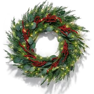 LampLust Winter Wreaths for Front Door Outside, 24 Inch Cypress & Eucalyptus Wreath with Red Berries 100 LED Lights, Timer, Battery Powered, Farmhouse Wreath Year Round, Winter Wreaths for Indoors