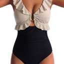Women One Piece Swimsuit Tummy Control Ruffle Bathing Suit Cutout V Neck Swim Suit Ruched Slimming Swimwear (Black, M)
