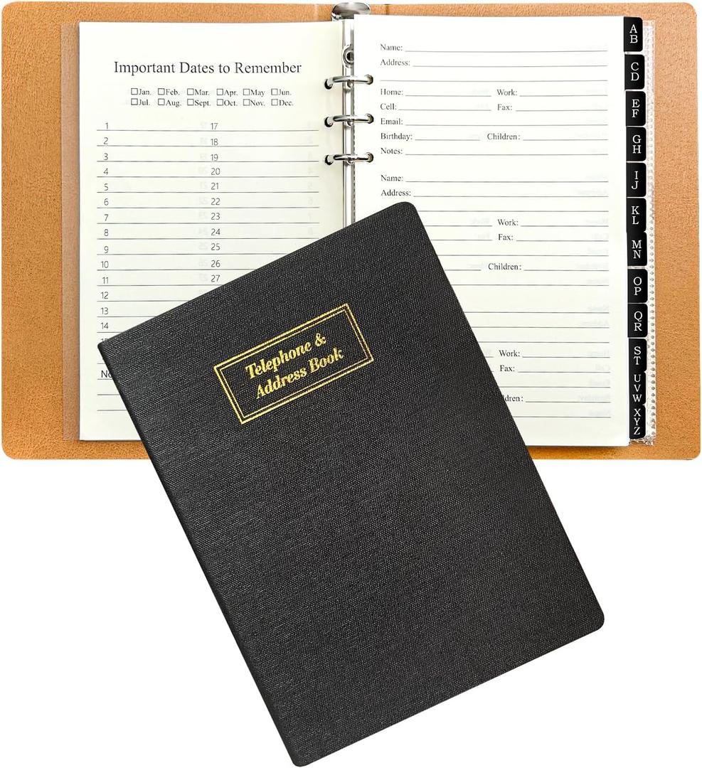 Refillable Address Book with Alphabetical Tabs, w/Pockets, 648 Large Print Telephone Birthday Email PU Leather Hardcover Durable for Women Men Seniors Home Office, 236Pages, A5, Black, 6.5 x 9.1 x1.02 inche