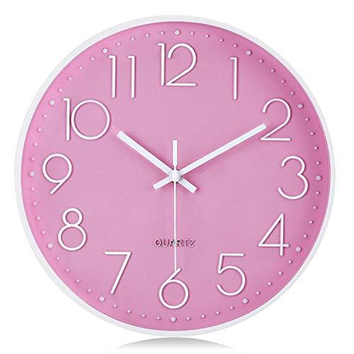 Lafocuse 12 Inch Pink Wall Clock Battery Operated for Kitchen Living Room, Silent Kids Analog Clock for Girls Bedroom, Pink Home Décor