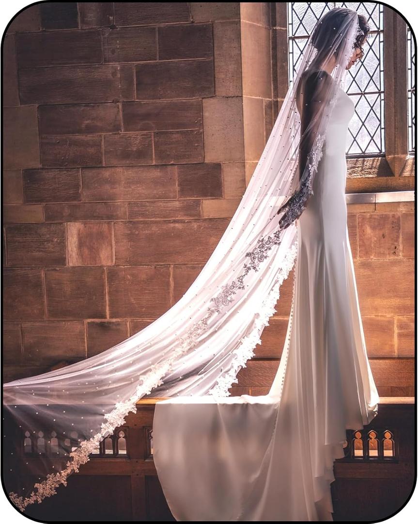 Wedding Veil Pearls Lace Flower Bridal Veil,1 Tier Cathedral Length Fingertip Length Veil Bride Veil with Metal Comb (White)