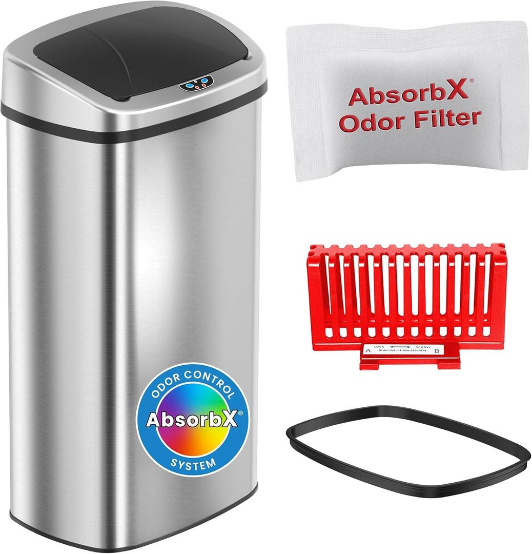 iTouchless 24 Gallon / 91L Sensor 2.0 Trash Can with Lid Commercial Grade Automatic Stainless Steel Touchless Garbage Bin, AbsorbX Odor Filter, AC Power or Battery, for Restaurant, Lobby, Home Office