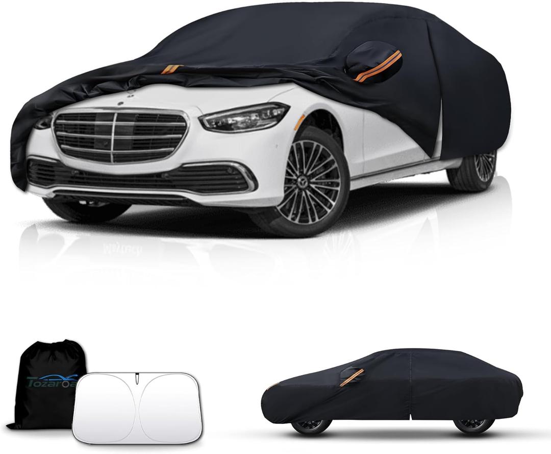 Waterproof Car Cover All-Weather, Heavy-Duty Outdoor Full Exterior Automobiles Snow Cover for Sedan 204-208 inch with Sun Visor,Zippered & Storage Bag - Black