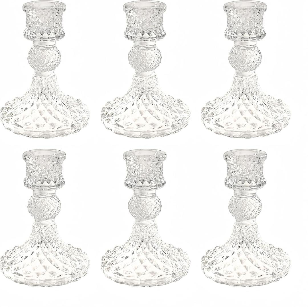 Glass Candlestick Holder,Striped Taper Candle Holders,Set of 6 Candle Stand for Table Centerpieces, Home Decor,Weddings,Festival and Parties (Clear Dimond Pattern)