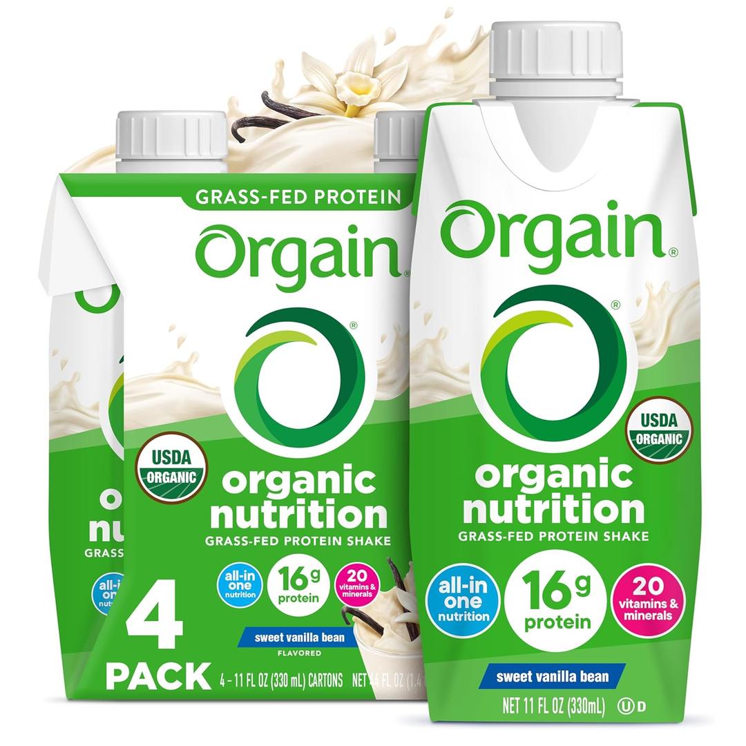 Orgain Organic Nutritional Shake, Vanilla Bean - Meal Replacement, 16g Protein, 20 Vitamins & Minerals, Gluten Free, Soy Free, Kosher, Non-GMO, 11 Ounce, 4 Count (EXP 07/07/26)