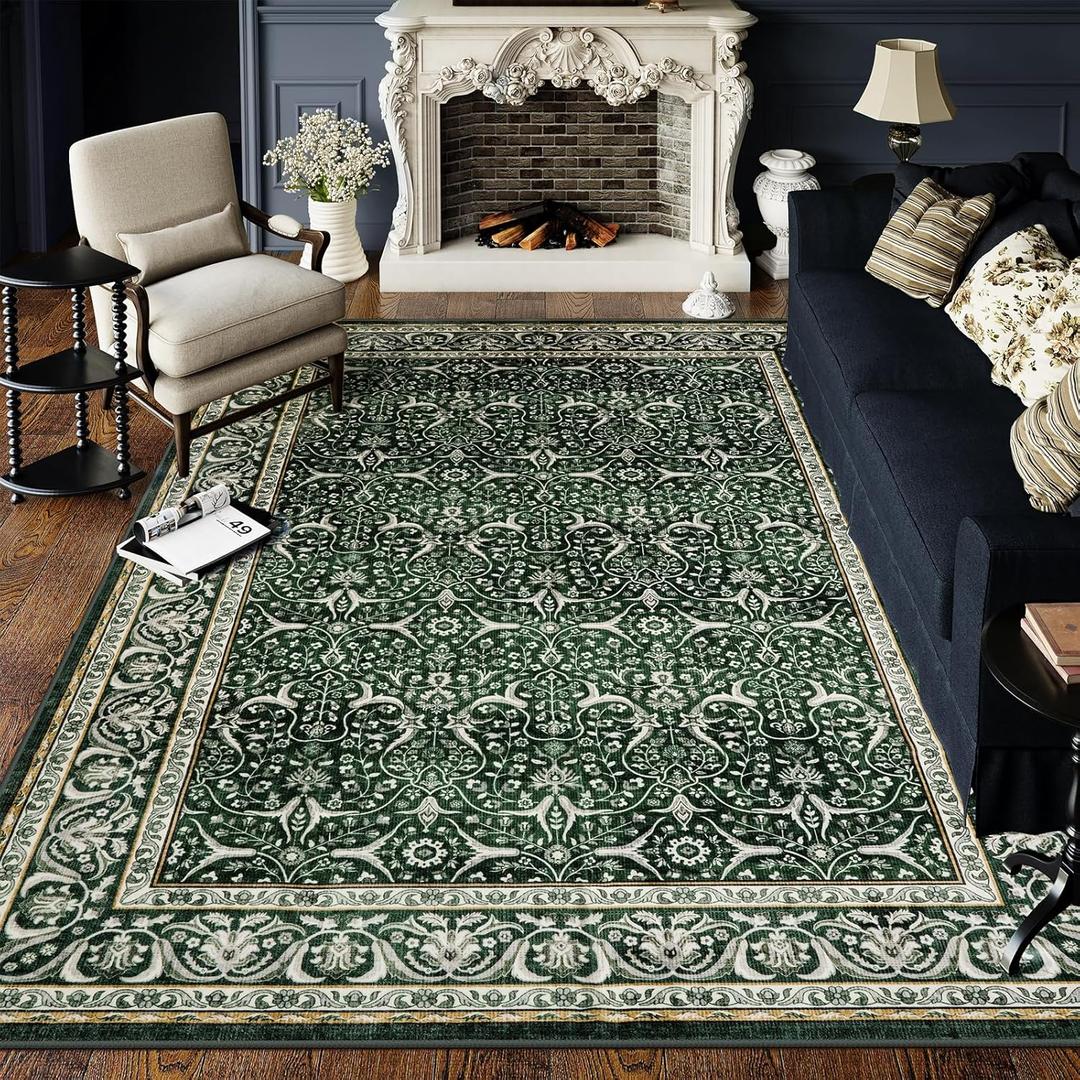 LIVEBOX Green 8x10 Area Rugs for Living Room, Christmas Washable Area Rug with Non Slip Backing, Non Shedding Large Boho Carpet for Bedroom Dining Room Office(8'x10')