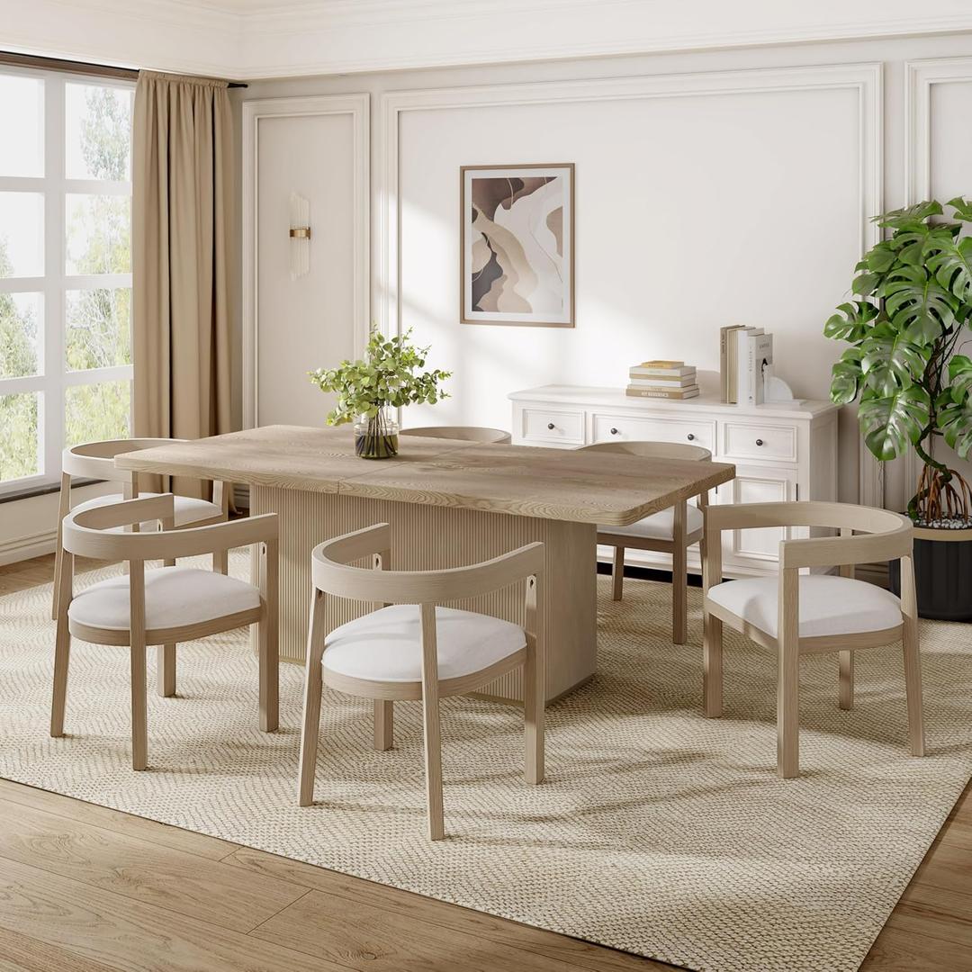 Merax 7-Piece Dining Set - 84'' Modern Rubberwood Table & 6 Tub Chairs, Minimalist Open-Back Design for Kitchen Dining Room, Easy Assembly, Beige+Light Natural
