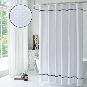 White Shower Curtain with Black Border, Modern Chic Waffle Fabric Shower Curtains for Bathroom and Hotel,72 x 84 Inches