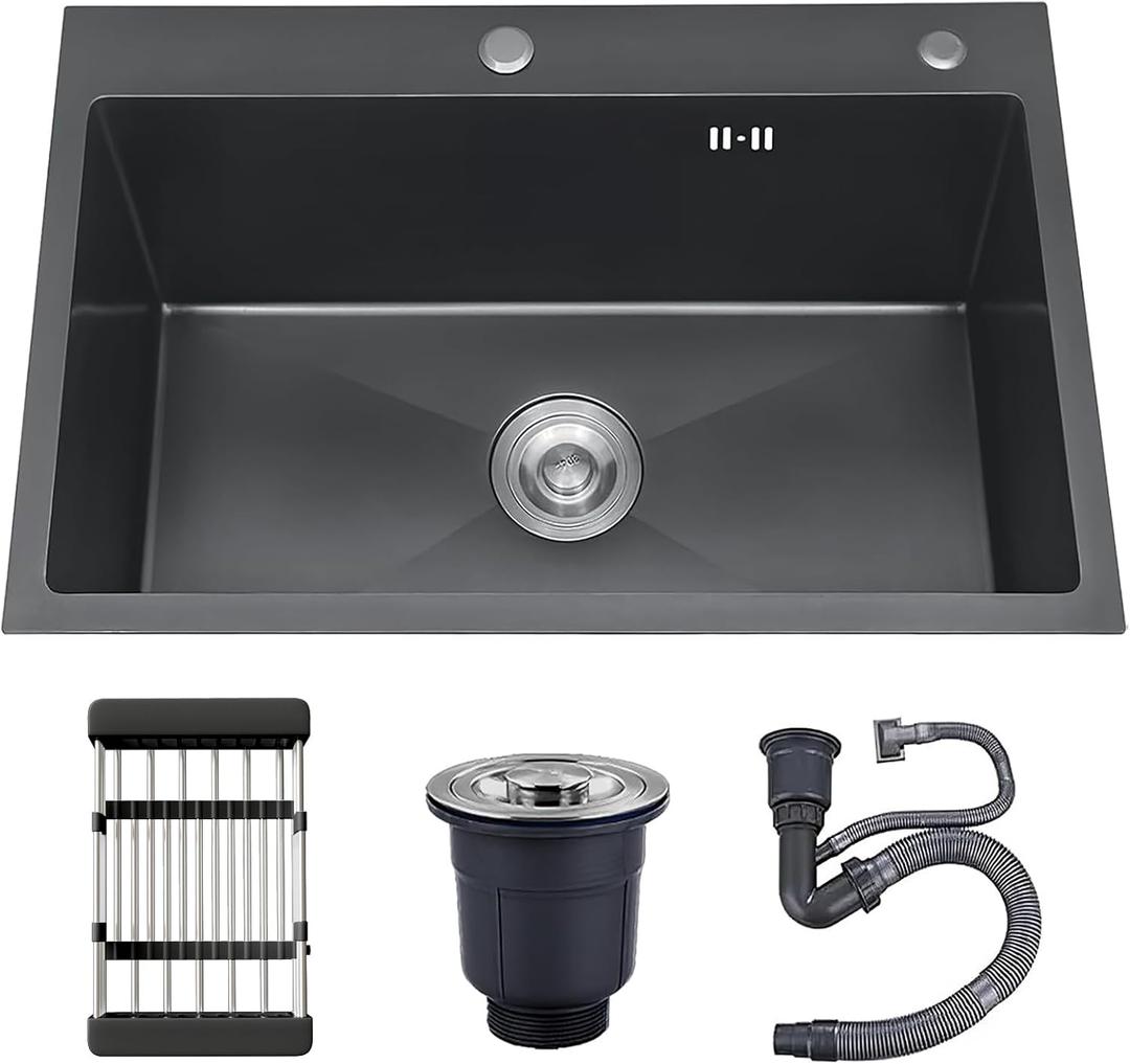 33x19 Drop in Kitchen Sink, 9 Deep Large Top Mount Single Bowl Sinks Nano Coating Stainless Steel Kitchen Laundry Room Sinks with Accessories (Black)