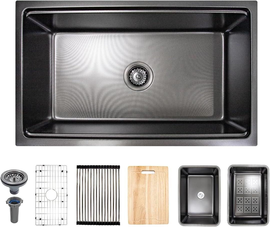 Black Sink, 304 Stainless Steel Single Bowl Undermount 3018 Inch Workstation Kitchen Sink with Sink Grid and Cutting Board