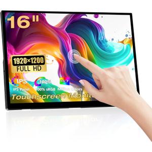 Portable Touchscreen Monitor, 16 Inch 1920X1200P Monitor IPS Touch Screen Monitor with USB C HDMI Port, 300cd/m, External Monitor for Laptop PC Phones Computer Ras Pi