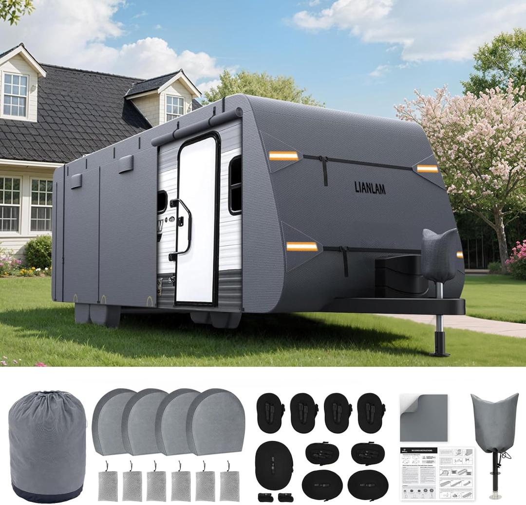 Reinforced 7 Layers Travel Trailer RV Cover, Extra-Thick Camper Cover Fits 16-18 ft RV, Waterproof Windproof for Toy Hauler with 4 Tire Covers & Tongue Jack Cover,Durable Trailer Cover for RVs (Gray - Non-Woven Fabric)