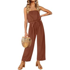 ZESICA Women's Casual Off Shoulder Solid Color Strapless Belted Wide Leg Jumpsuit Romper (Medium, Caramel)