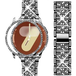 Mosonio Compatible with Samsung Galaxy Watch 8/7/6 Bands 40mm/44mm, 20mm Bling Metal Bands with Bling Protective Cover Case for Women, Shiny Watch Replacement Strap for Daily Wear (Black)