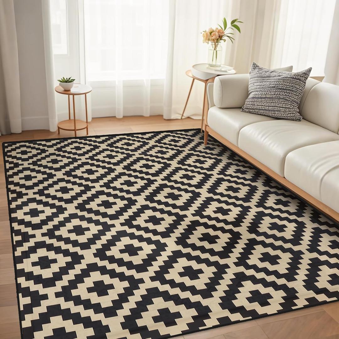 Boho 6x9 Soft Area Rug with Nonslip Backing for Living Room, Bedroom, Dinning Room, Low Piles Carpet Mats Indoor and Outdoor Rug, Black&Beige