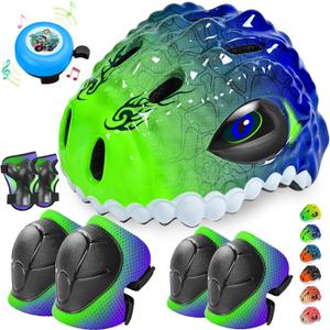Toddler/Kids Bike Helmet Set for Boys Girls 3D Adjustable Kids Helmet Protective Gear Set Knee Elbow Wrist Pads and Multi-Sports Skateboard Scooter Cycling Roller Balance Bike (Medium: 21.65"-22.84"/55-58cm, Green Blue-Set)