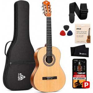 Pyle 34-Inch Beginner Classical Guitar Kit, 1/2 Size Junior Nylon String Acoustic Guitar for Kids and Adults, Includes Gig Bag, Strap, Spare Strings, Picks, Tuner App, 2-Month Lessons, Natural Gloss